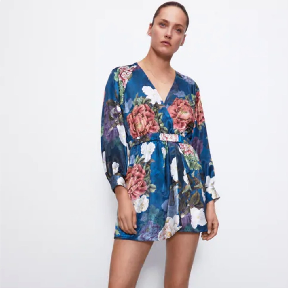 Zara Blue Floral V-Neck Long Sleeve Romper